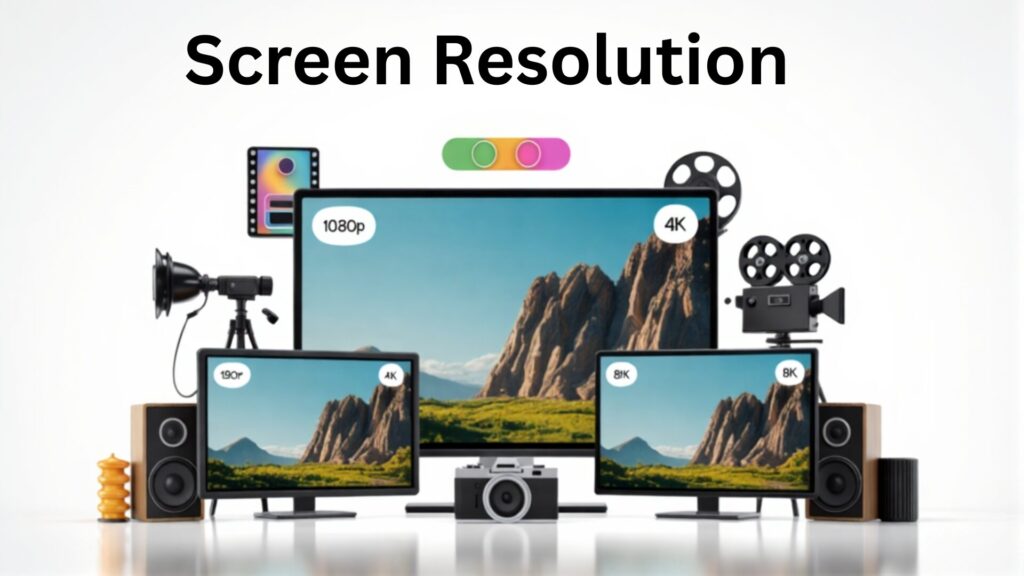 Comparison of 1080p, 4K, and 8K screen resolutions with video production equipment like cameras, microphones, and speakers