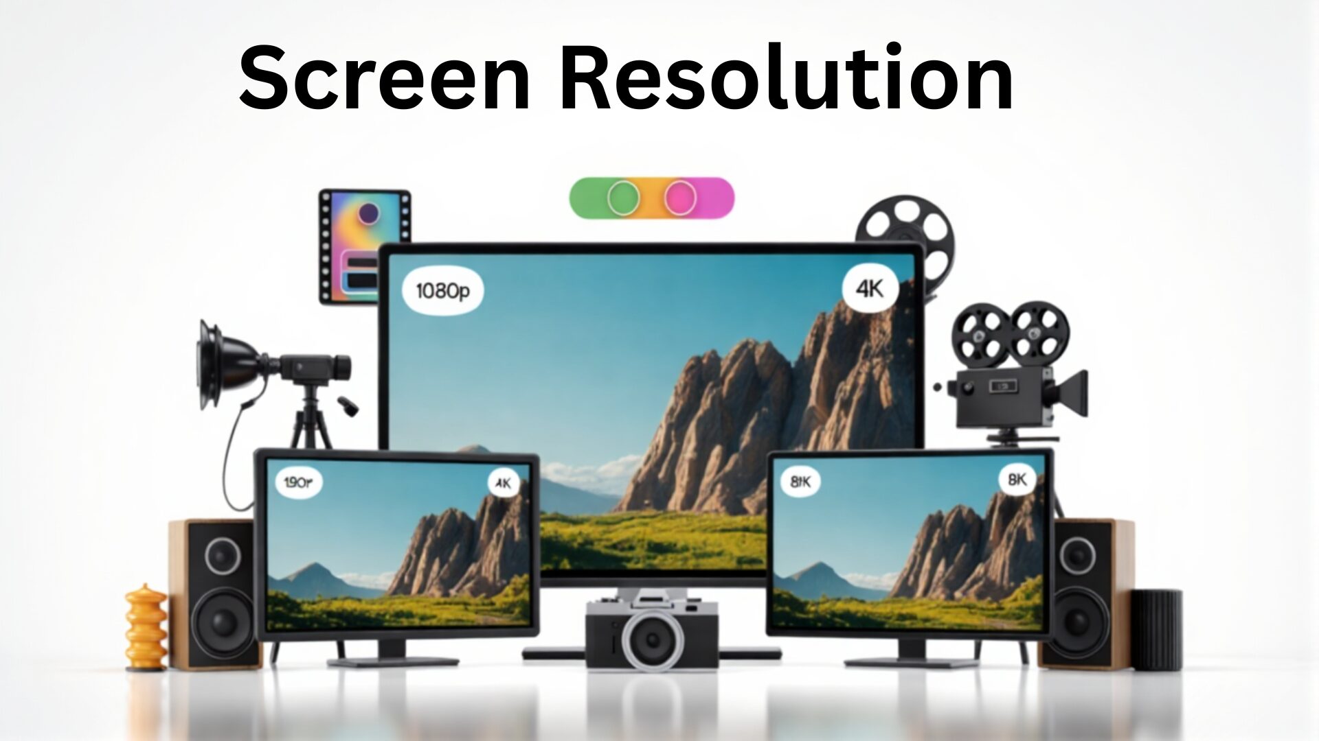 Comparison of 1080p, 4K, and 8K screen resolutions with video production equipment like cameras, microphones, and speakers