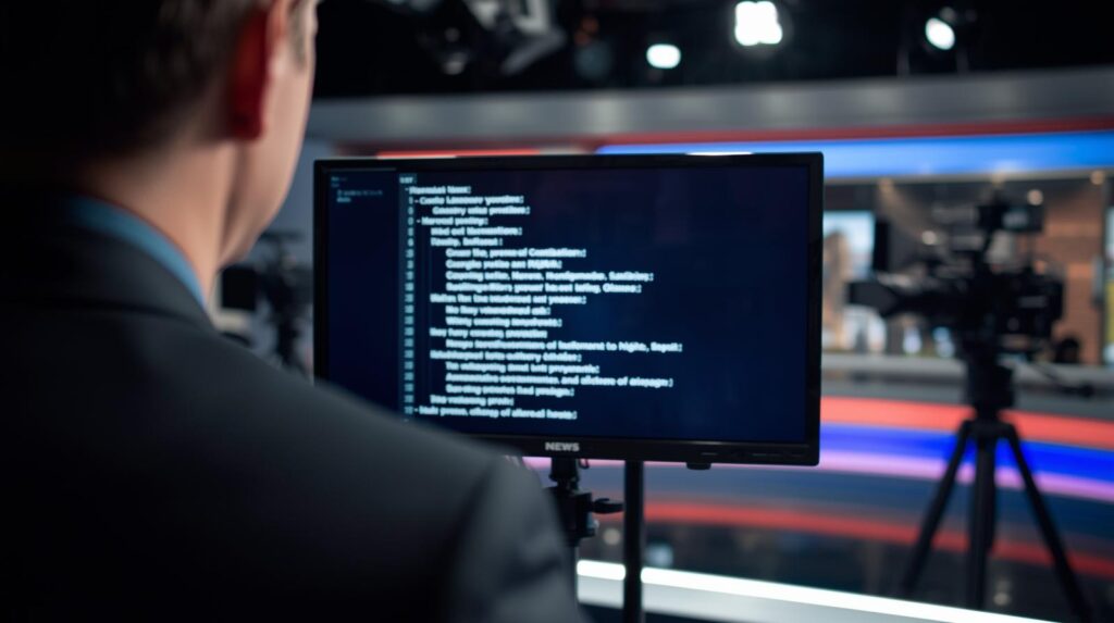 News anchor using professional confidence monitor in television broadcast studio viewed from behind