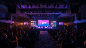 Professional hybrid event production Atlanta with LED walls, stage lighting, cameras, and virtual attendees